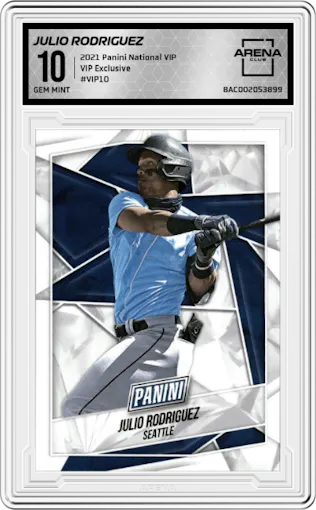 Julio Rodriguez from the 2021 Panini The National VIP set graded by Arena Club and given an overall grade of 10.