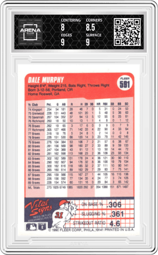 Dale Murphy from the 1990 Fleer  set graded by Arena Club and given an overall grade of 8.5.