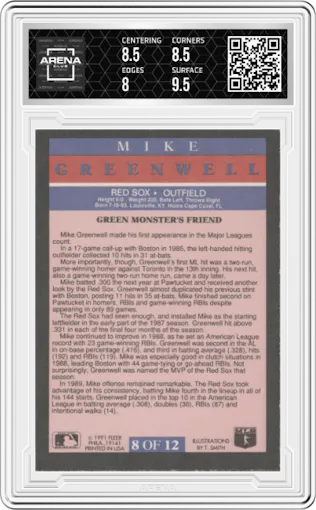 Mike Greenwell from the 1991 Fleer set graded by Arena Club and given an overall grade of 8.5.