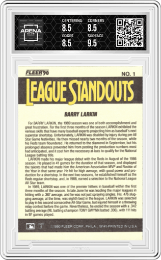 Barry Larkin from the 1990 Fleer  set graded by Arena Club and given an overall grade of 9.