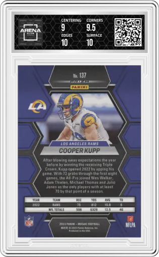 Cooper Kupp from the 2023 Panini Mosaic set featuring a Reactive Blue parallel graded by Arena Club and given an overall grade of 9.5.