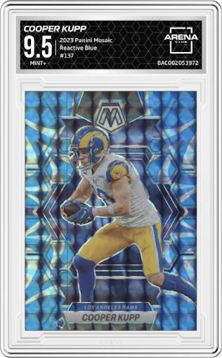 Cooper Kupp from the 2023 Panini Mosaic set featuring a Reactive Blue parallel graded by Arena Club and given an overall grade of 9.5.