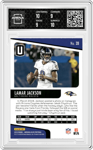 Lamar Jackson from the 2019 Panini Unparalleled set graded by Arena Club and given an overall grade of 9.5.