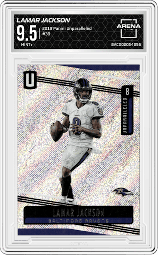 Lamar Jackson from the 2019 Panini Unparalleled set graded by Arena Club and given an overall grade of 9.5.