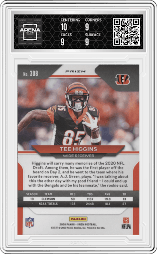 Tee Higgins from the 2020 Panini Prizm set featuring a Lazer parallel graded by Arena Club and given an overall grade of 9.5.