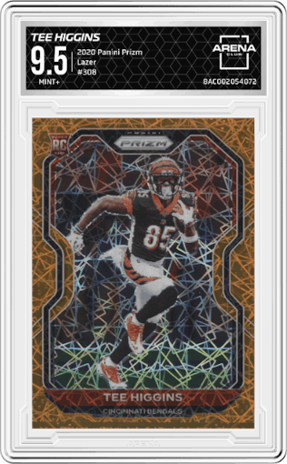 Tee Higgins from the 2020 Panini Prizm set featuring a Lazer parallel graded by Arena Club and given an overall grade of 9.5.