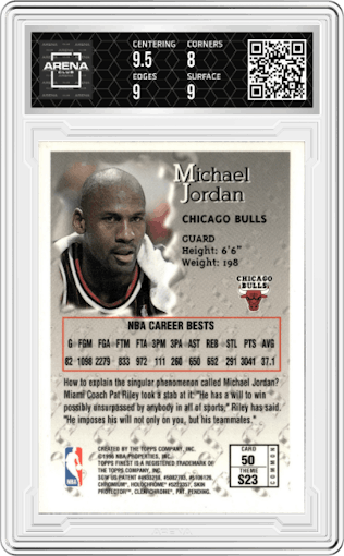 Michael Jordan from the 1996-97 Topps Finest set featuring a W/ Coating parallel graded by Arena Club and given an overall grade of 8.5.