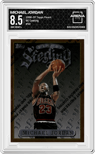 Michael Jordan from the 1996-97 Topps Finest set featuring a W/ Coating parallel graded by Arena Club and given an overall grade of 8.5.