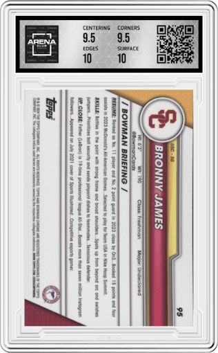 Bronny James from the 2023-24 Bowman U Chrome set graded by Arena Club and given an overall grade of 10.