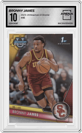 Bronny James from the 2023-24 Bowman U Chrome set graded by Arena Club and given an overall grade of 10.