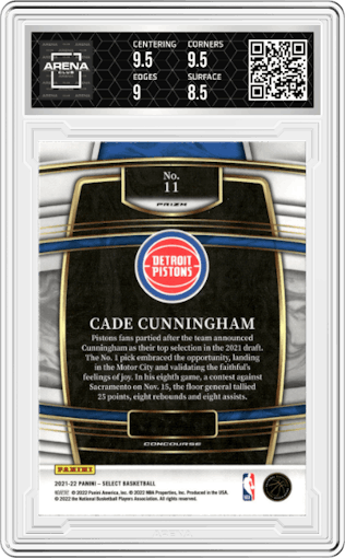 Cade Cunningham from the 2021-22 Panini Select set featuring a Orange Flash parallel graded by Arena Club and given an overall grade of 9.