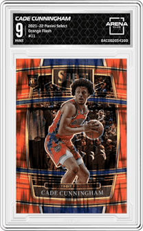 Cade Cunningham from the 2021-22 Panini Select set featuring a Orange Flash parallel graded by Arena Club and given an overall grade of 9.