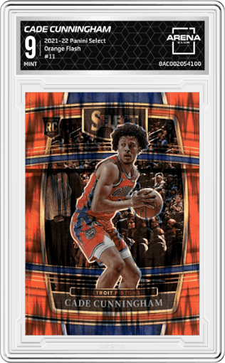 Cade Cunningham from the 2021-22 Panini Select set featuring a Orange Flash parallel graded by Arena Club and given an overall grade of 9.