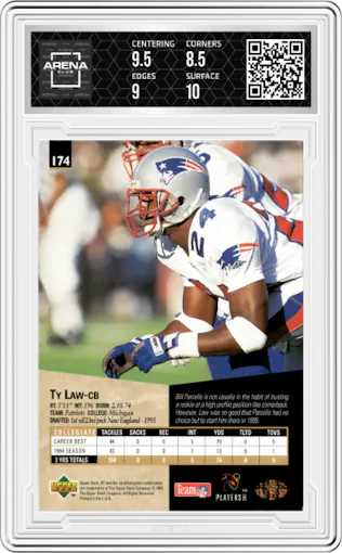 Ty Law from the 1995 Upper Deck SP set graded by Arena Club and given an overall grade of 9.