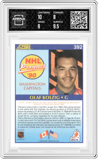 Olaf Kolzig from the 1990-91 Score Canadian set graded by Arena Club and given an overall grade of 8.5.
