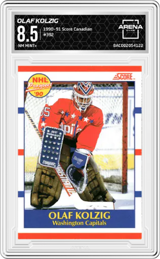 Olaf Kolzig from the 1990-91 Score Canadian set graded by Arena Club and given an overall grade of 8.5.