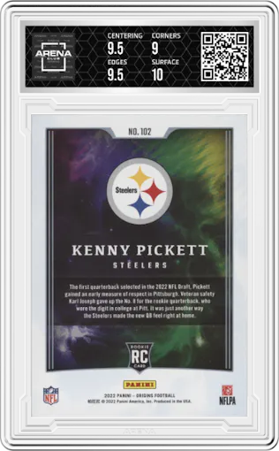 Kenny Pickett from the 2022 Panini Origins set graded by Arena Club and given an overall grade of 9.5.