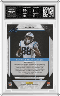 Terrace Marshall Jr. from the 2021 Panini Donruss Optic set featuring a Purple Stars parallel graded by Arena Club and given an overall grade of 9.5.