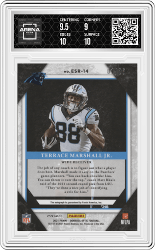 Terrace Marshall Jr. from the 2021 Panini Donruss Optic set featuring a Purple Stars parallel graded by Arena Club and given an overall grade of 9.5.