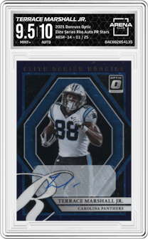 Terrace Marshall Jr. from the 2021 Panini Donruss Optic set featuring a Purple Stars parallel graded by Arena Club and given an overall grade of 9.5.
