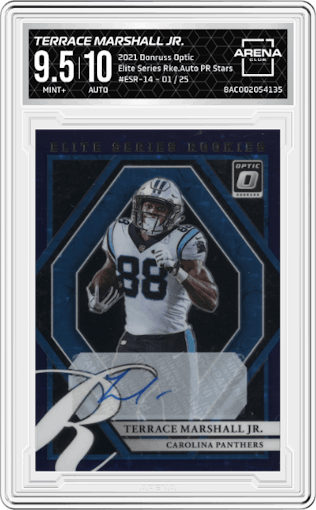 Terrace Marshall Jr. from the 2021 Panini Donruss Optic set featuring a Purple Stars parallel graded by Arena Club and given an overall grade of 9.5.