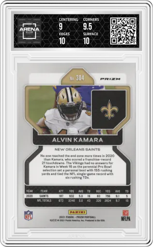 Alvin Kamara from the 2021 Panini Prizm set featuring a Black & White Checker parallel graded by Arena Club and given an overall grade of 9.5.