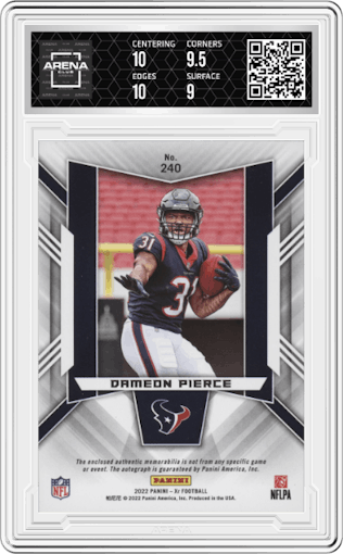 Dameon Pierce from the 2022 Panini XR set featuring a Blue parallel graded by Arena Club and given an overall grade of 9.5.