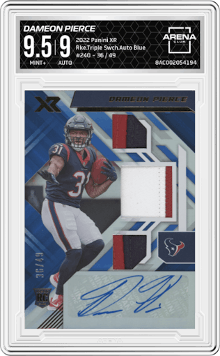 Dameon Pierce from the 2022 Panini XR set featuring a Blue parallel graded by Arena Club and given an overall grade of 9.5.