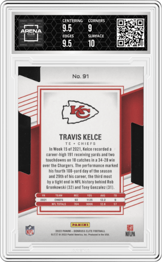 Travis Kelce from the 2022 Panini Donruss Elite set featuring a Aspirations Die-Cut parallel graded by Arena Club and given an overall grade of 9.5.