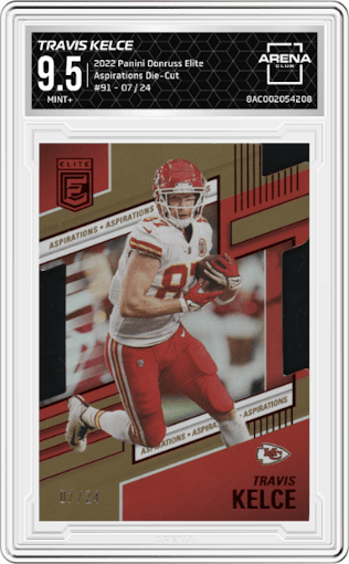 Travis Kelce from the 2022 Panini Donruss Elite set featuring a Aspirations Die-Cut parallel graded by Arena Club and given an overall grade of 9.5.