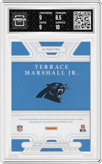 Terrace Marshall Jr. from the 2021 Panini National Treasures set featuring a Brand Logo parallel graded by Arena Club and given an overall grade of 9.