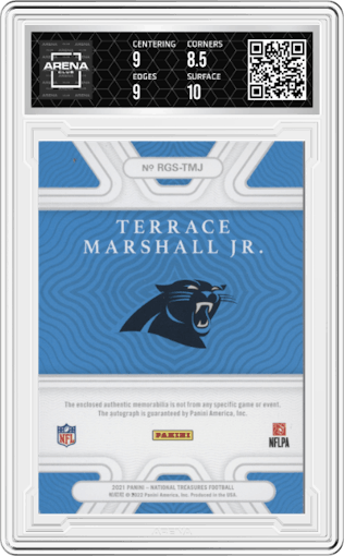 Terrace Marshall Jr. from the 2021 Panini National Treasures set featuring a Brand Logo parallel graded by Arena Club and given an overall grade of 9.