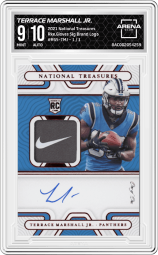 Terrace Marshall Jr. from the 2021 Panini National Treasures set featuring a Brand Logo parallel graded by Arena Club and given an overall grade of 9.