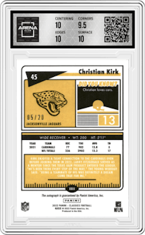 Christian Kirk from the 2022 Panini Classics set featuring a Gold parallel graded by Arena Club and given an overall grade of 10.