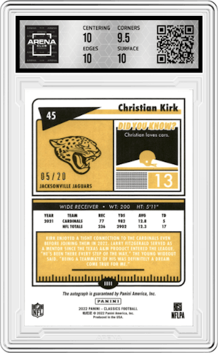 Christian Kirk from the 2022 Panini Classics set featuring a Gold parallel graded by Arena Club and given an overall grade of 10.