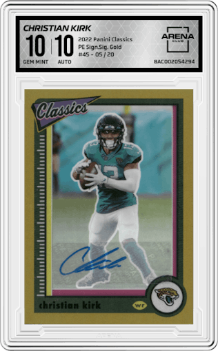 Christian Kirk from the 2022 Panini Classics set featuring a Gold parallel graded by Arena Club and given an overall grade of 10.