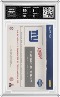 Kadarius Toney from the 2021 Panini Prestige set graded by Arena Club and given an overall grade of 9.5.