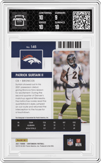 Patrick Surtain II from the 2021 Panini Contenders   set featuring a Wild Card Rd. parallel graded by Arena Club and given an overall grade of 9.5.