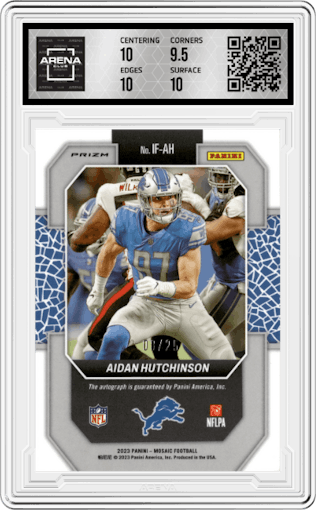 Aidan Hutchinson from the 2023 Panini Mosaic set featuring a White  parallel graded by Arena Club and given an overall grade of 10.