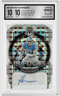 Aidan Hutchinson from the 2023 Panini Mosaic set featuring a White  parallel graded by Arena Club and given an overall grade of 10.