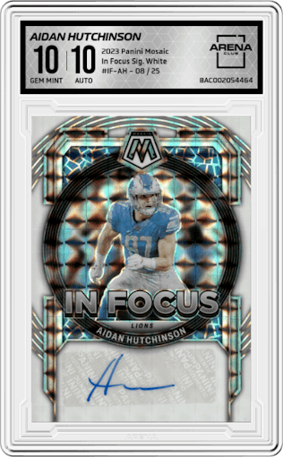 Aidan Hutchinson from the 2023 Panini Mosaic set featuring a White  parallel graded by Arena Club and given an overall grade of 10.