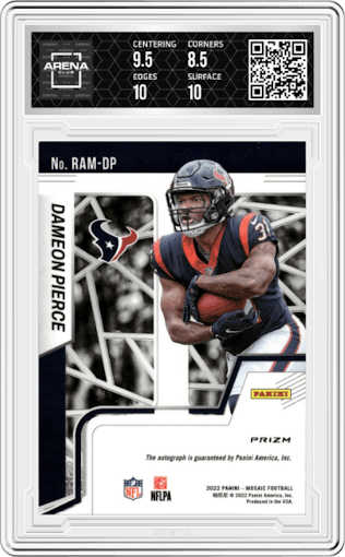 Dameon Pierce from the 2022 Panini Mosaic set featuring a Red Mosaic parallel graded by Arena Club and given an overall grade of 9.