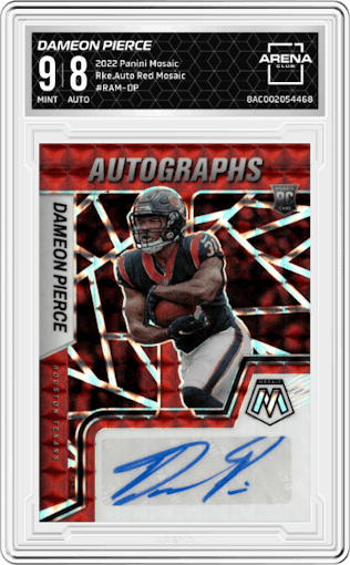 Dameon Pierce from the 2022 Panini Mosaic set featuring a Red Mosaic parallel graded by Arena Club and given an overall grade of 9.