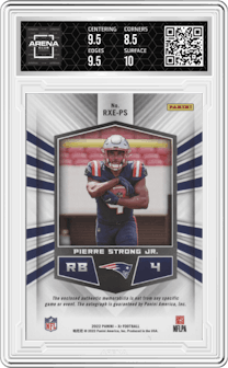 Pierre Strong Jr. from the 2022 Panini XR set featuring a Green parallel graded by Arena Club and given an overall grade of 9.
