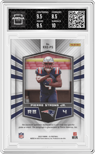 Pierre Strong Jr. from the 2022 Panini XR set featuring a Green parallel graded by Arena Club and given an overall grade of 9.