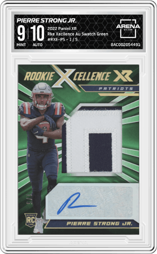 Pierre Strong Jr. from the 2022 Panini XR set featuring a Green parallel graded by Arena Club and given an overall grade of 9.
