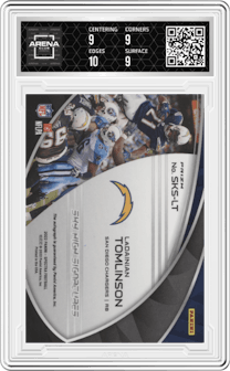 LaDainian Tomlinson from the 2022 Panini Spectra set featuring a Neon Pink parallel graded by Arena Club and given an overall grade of 9.5.