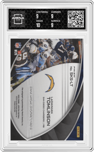 LaDainian Tomlinson from the 2022 Panini Spectra set featuring a Neon Pink parallel graded by Arena Club and given an overall grade of 9.5.