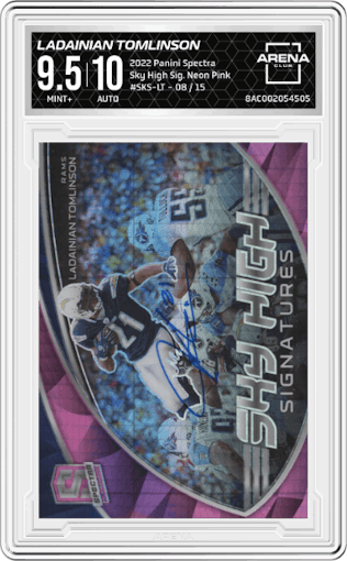 LaDainian Tomlinson from the 2022 Panini Spectra set featuring a Neon Pink parallel graded by Arena Club and given an overall grade of 9.5.