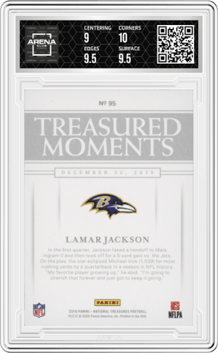 Lamar Jackson from the 2019 Panini National Treasures set graded by Arena Club and given an overall grade of 9.5.